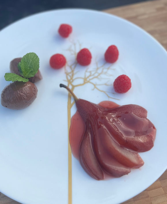 Chocolate Creamux with Poached Pears
