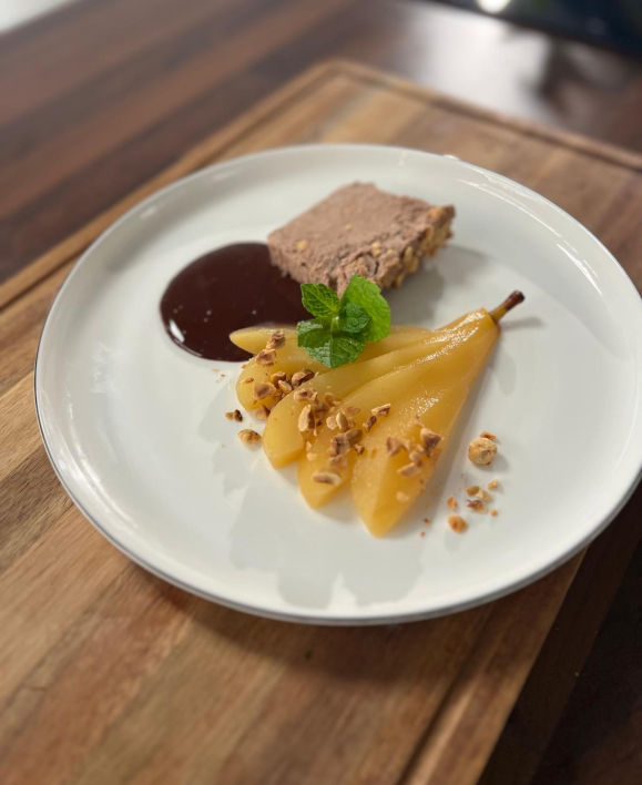 Vanilla & Hazelnut No Churn Ice Cream with Poached Pears and Chocolate Sauce